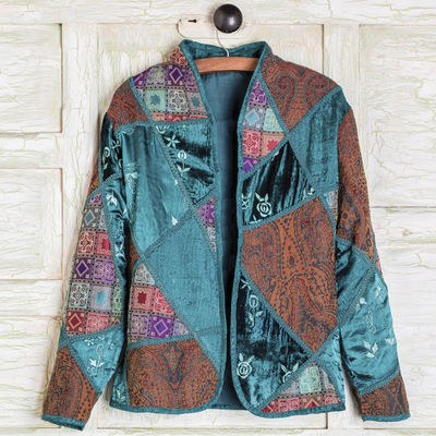 Embroidered silk blend jacket, 'Patchwork' - Embroidered Silk Blend Patchwork Jacket