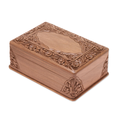 Walnut jewelry box, 'Kashmir Valley' - Indian Floral Wood Jewelry Box