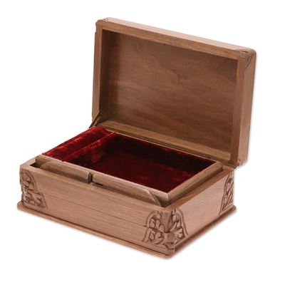 Walnut jewelry box, 'Kashmir Valley' - Indian Floral Wood Jewelry Box