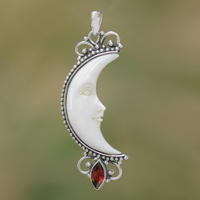 Garnet and bone pendant, 'Crescent Moon' - Garnet and Bone Crescent Moon Pendant from Bali