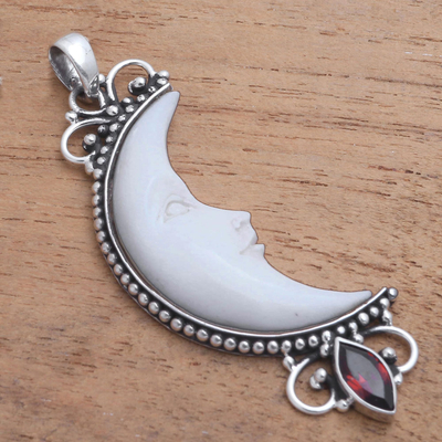 Garnet and bone pendant, 'Crescent Moon' - Garnet and Bone Crescent Moon Pendant from Bali