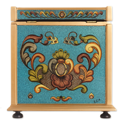 Reverse painted glass jewelry box, 'Teal Flowers' - Teal Wood Jewelry Box with Floral Motifs from Peru