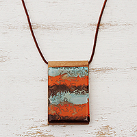 Glass and leather pendant necklace, 'Waves of Fire' - Orange Glass and Leather Pendant Necklace from Brazil