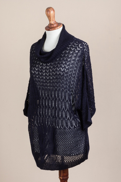 Pullover sweater, 'Evening Flight in Navy' - Navy Pullover Sweater with Three Quarter Length Sleeves
