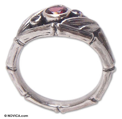 Amethyst and garnet 3 stone ring, 'Bamboo Mambo' - Garnet and Sterling Silver Ring