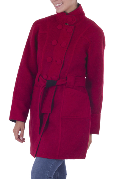 100% baby alpaca reversible coat, 'Chili Onyx' - 2-in-1 100% Alpaca Reversible Coat in Chili Red and Onyx