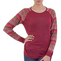 Suéter de mezcla de algodón, 'Garden Vine in Wine' - Suéter tipo túnica en vino con mangas florales multicolores