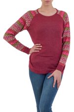 Cotton blend sweater, 'Garden Vine in Wine' - Tunic Sweater in Wine with Multi Color Floral Sleeves