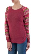Cotton blend sweater, 'Garden Vine in Wine' - Tunic Sweater in Wine with Multi Color Floral Sleeves