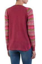 Cotton blend sweater, 'Garden Vine in Wine' - Tunic Sweater in Wine with Multi Color Floral Sleeves