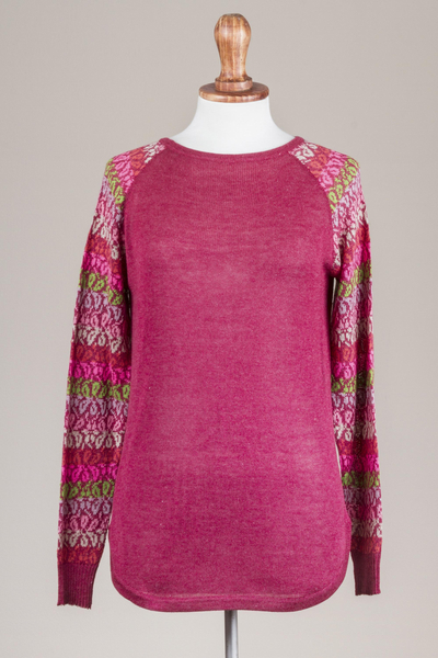 Cotton blend sweater, 'Garden Vine in Wine' - Tunic Sweater in Wine with Multi Color Floral Sleeves