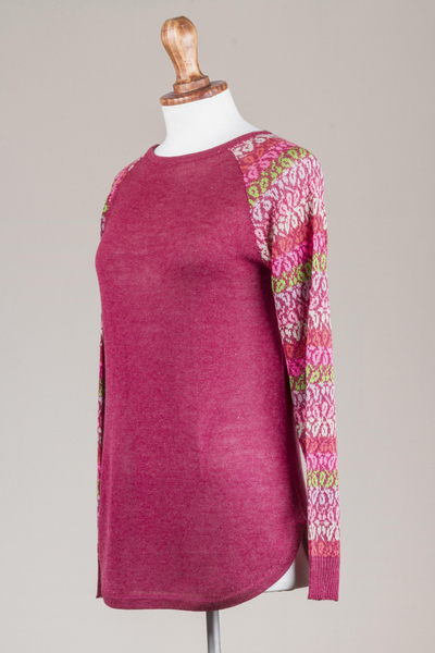 Cotton blend sweater, 'Garden Vine in Wine' - Tunic Sweater in Wine with Multi Color Floral Sleeves