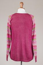 Cotton blend sweater, 'Garden Vine in Wine' - Tunic Sweater in Wine with Multi Color Floral Sleeves