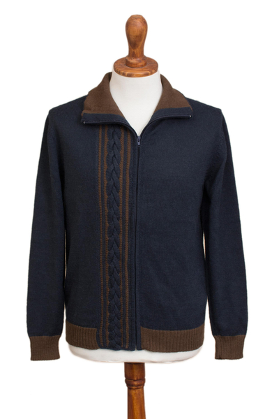Cable Knit Alpaca Blend Cardigan in Navy from Peru