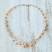 Cultured pearl beaded necklace, 'Pink Cherry Blossom' - Cultured Pearl and Glass Beaded Necklace from Thailand