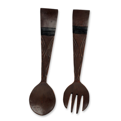 African Handmade Wood Fork and Spoon Wall Art (Pair)