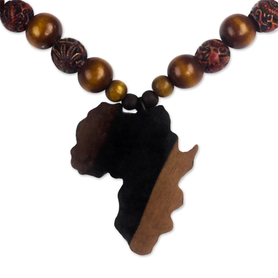 Ebony wood and recycled glass beaded pendant necklace, 'Good Africa' - Africa-Themed Ebony Wood and Recycled Glass Pendant Necklace