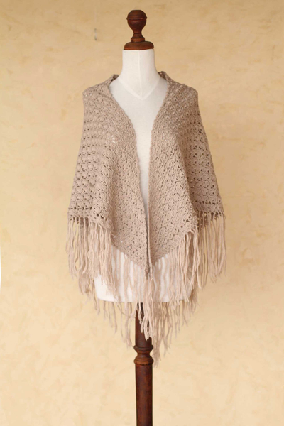 100% alpaca shawl, 'Colonial Beige' - Collectible Alpaca Wool Artisan Crochet Shawl
