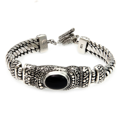 Men's onyx bracelet, 'Royal Bali' - Men's Handmade Sterling Silver and Onyx Bracelet