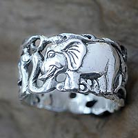 Men's sterling silver band ring, 'Elephant Romance'