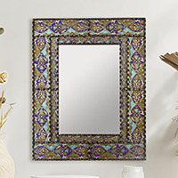 Reverse painted glass wall mirror, 'Colorful Reflection' - Fair Trade Reverse Painted Glass Wall Mirror from Peru