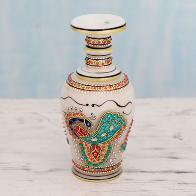 Marble decorative vase, 'Dancing Peacocks' - Makrana Marble Decorative Vase Crafted and Painted by Hand