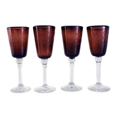 Etched wine glasses, 'Grape Blossoms' (set of 4) - Collectible Handblown Glass Recycled Purple Wine Goblets