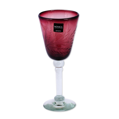 Etched wine glasses, 'Grape Blossoms' (set of 4) - Collectible Handblown Glass Recycled Purple Wine Goblets