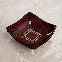 Leather catchall, 'Brown Lasso Window' - Artisan Crafted Leather Square Catchall from the Andes