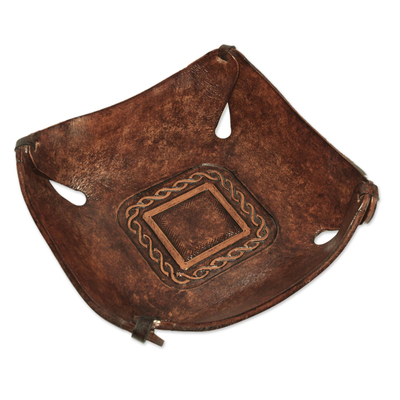 Leather catchall, 'Brown Lasso Window' - Artisan Crafted Leather Square Catchall from the Andes