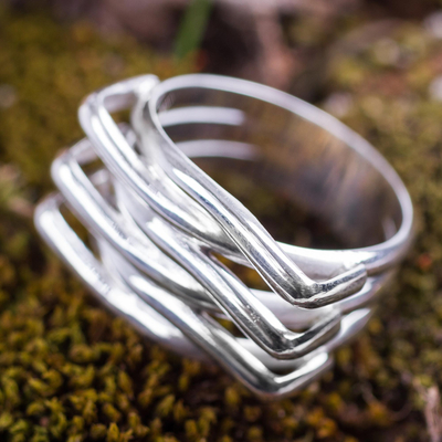 Sterling silver band ring, 'Strong Embrace' - Modern Abstract Andean Silver Handcrafted Ring
