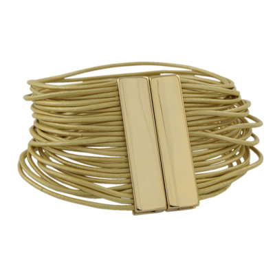 Gold accent leather wristband bracelet, 'Golden Brazilian Glam' - Golden Leather Bracelet with Gold Plated Clasp