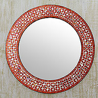 Glass mosaic wall mirror, 'Tangerine Petals' - Orange and White Glass Mosaic Circular Wall Mirror