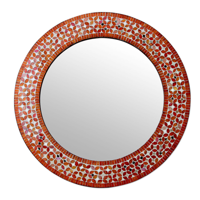 Glass mosaic wall mirror, 'Tangerine Petals' - Orange and White Glass Mosaic Circular Wall Mirror