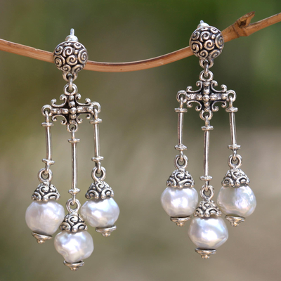 Cultured pearl chandelier earrings, 'Trinity in White' - Cultured pearl chandelier earrings