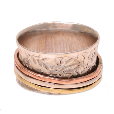 Sterling silver spinner ring, 'Floral Rush' - Floral Sterling Silver Spinner Ring from India