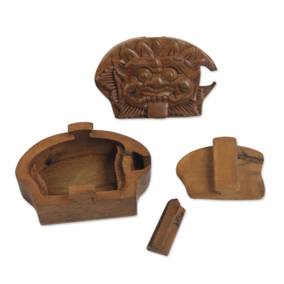 Wood puzzle box, 'Bhoma the Protector' - Hand Carved Wood Puzzle Box from Bali