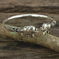 Sterling silver cuff bracelet, 'Proud Elephant' - Artisan Crafted Sterling Silver Elephant Cuff Bracelet