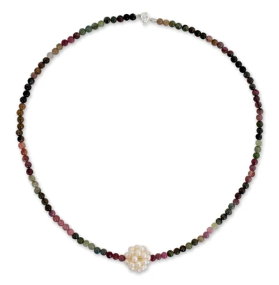 Pearl and tourmaline necklace, 'Ivory Chrysanthemum' - Beaded Tourmaline and Pearl Necklace