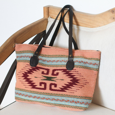 Wool tote bag, 'Fret Fashion' - Pink and Dark Red Fret Motif Handwoven Wool Tote Bag