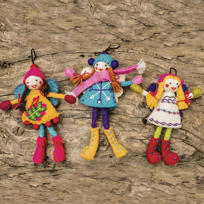 Wool felt ornaments, 'Icelandic Fairies' (set of 3) - Hand-Felted Wool Fairy Ornaments (Set of 3)