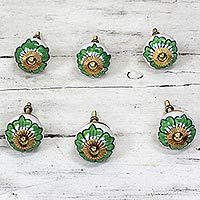 Ceramic cabinet knobs, 'Green Flowers' (set of 6)