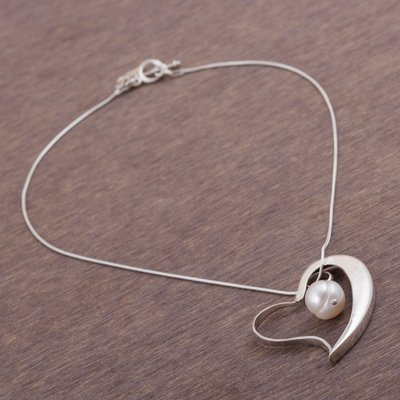 Cultured pearl pendant necklace, 'Circled by Love' - Cultured Pearl and Silver Heart Pendant Necklace from Peru