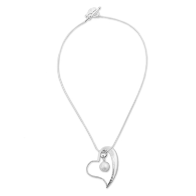 Cultured pearl pendant necklace, 'Circled by Love' - Cultured Pearl and Silver Heart Pendant Necklace from Peru