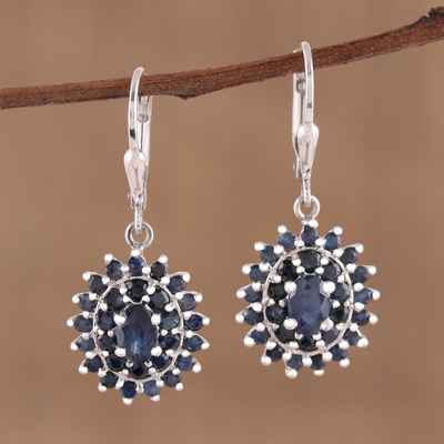 Sapphire dangle earrings, 'Floral Opulence' - Sapphire and Rhodium Plated Sterling Silver Dangle Earrings