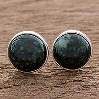 Jade stud earrings, 'Harmonious Peace in Dark Green' - Dark Green Jade Earrings Sterling Silver Artisan Jewelry