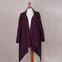 Alpaca blend cardigan, 'Burgundy Andean Sunburst' - Alpaca Blend Jacquard Knit Open Front Burgundy Cardigan