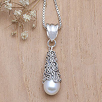 Cultured pearl pendant necklace, 'White Arabesque Dewdrop' - Sterling Silver and White Cultured Pearl Pendant Necklace