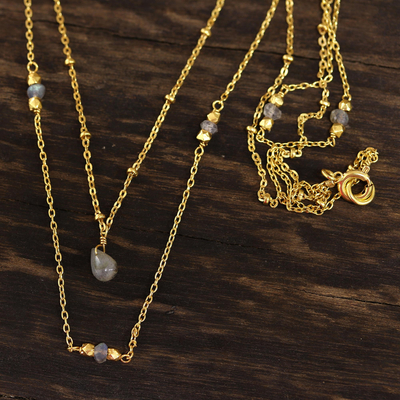 Gold plated labradorite station necklace, 'Misty Grace' - Gold Plated Labradorite Station Necklace from India