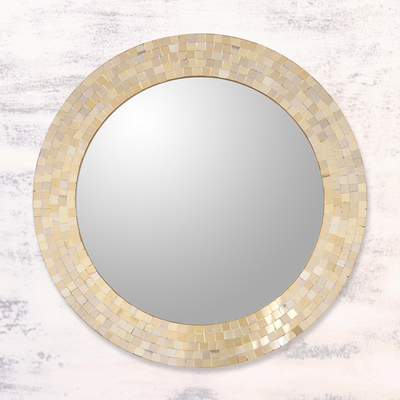 Glass mosaic wall mirror, 'Golden Sun' - Golden Art Glass Mosaic Framed Round Wall Mirror